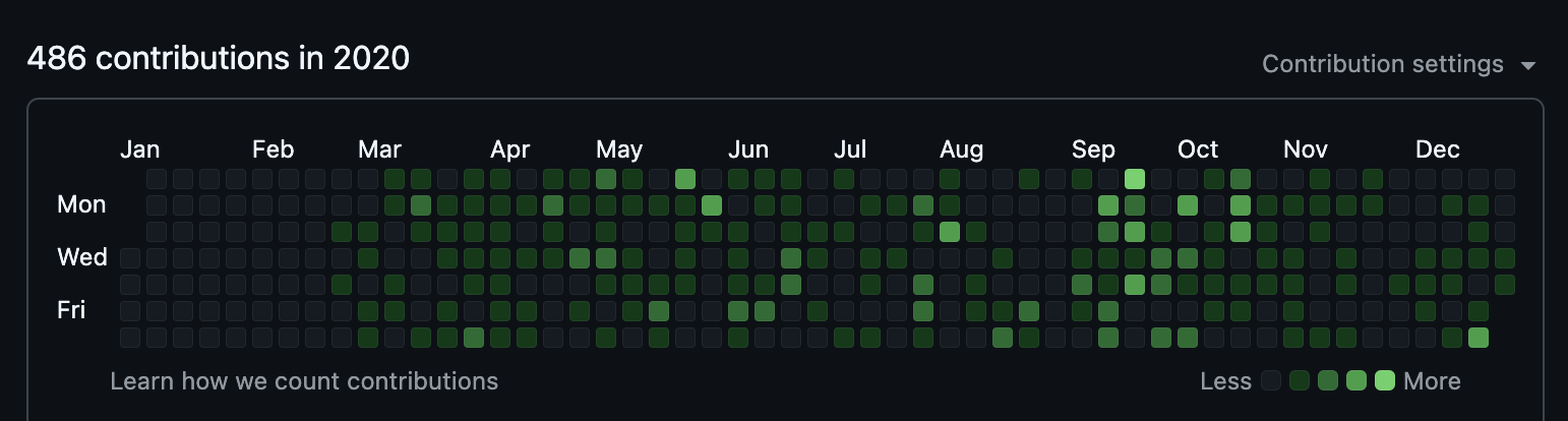 GitHub contribution graph showing 486 contributions in 2020